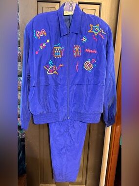 VTG 90s Cache Electric Blue 100% Silk Embroidered Tracksuit Set Jacket Pants